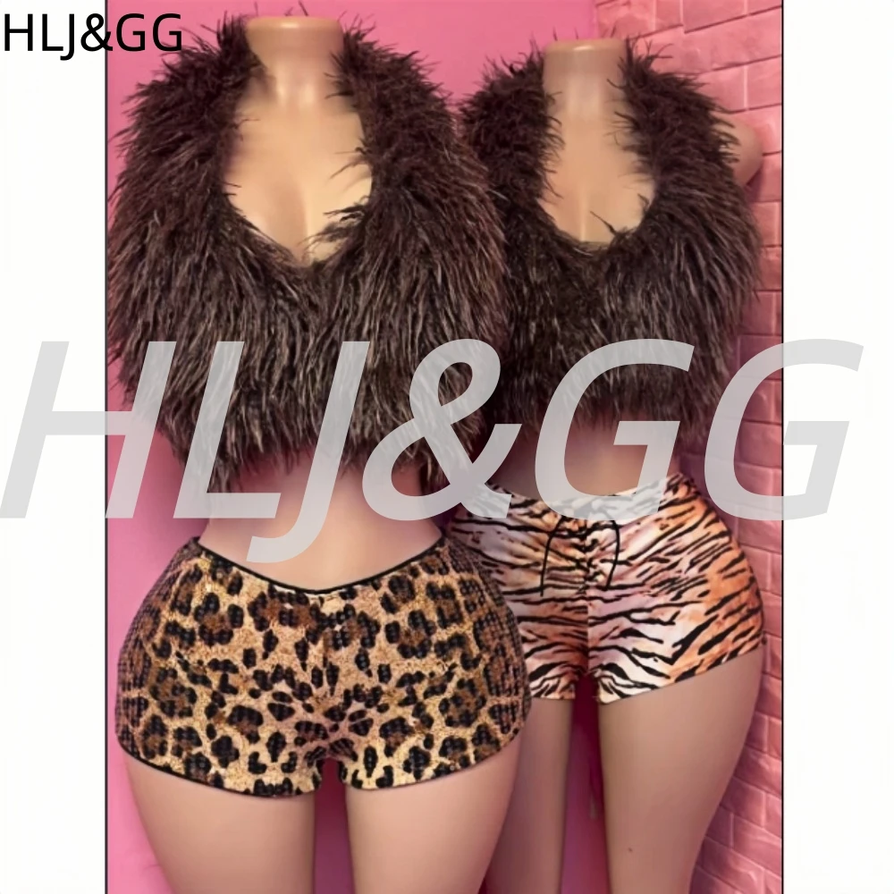

HLJ&GG Fashion Fur Halter Bandage Two Piece Sets Women Sleeveless Backless Top And Leopard Sequin Shorts Outfits Sexy Streetwear