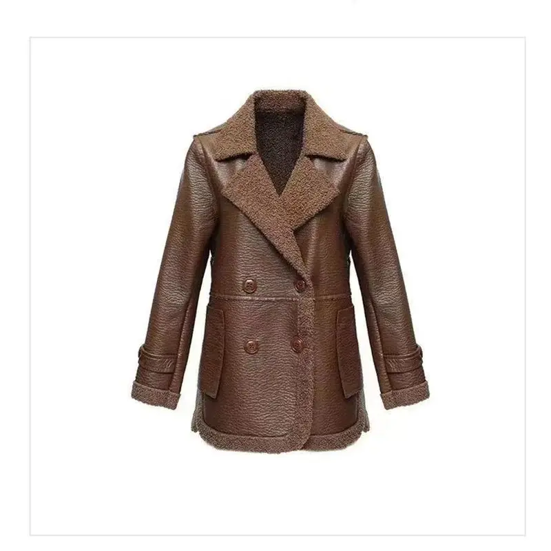 Giacca in pelle da donna con aggiunta di velluto addensato 2024 inverno nuova pelliccia Haining un pezzo con cappotto in pelle sciolto su entrambi i lati