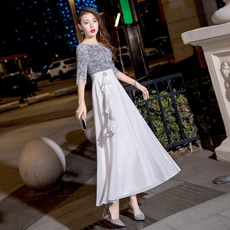 It's Yiiya Evening Dress White O-neck Silver Sequins Chiffon Short Sleeves Formal Gowns Half Sleeve robe de soiree Plus size