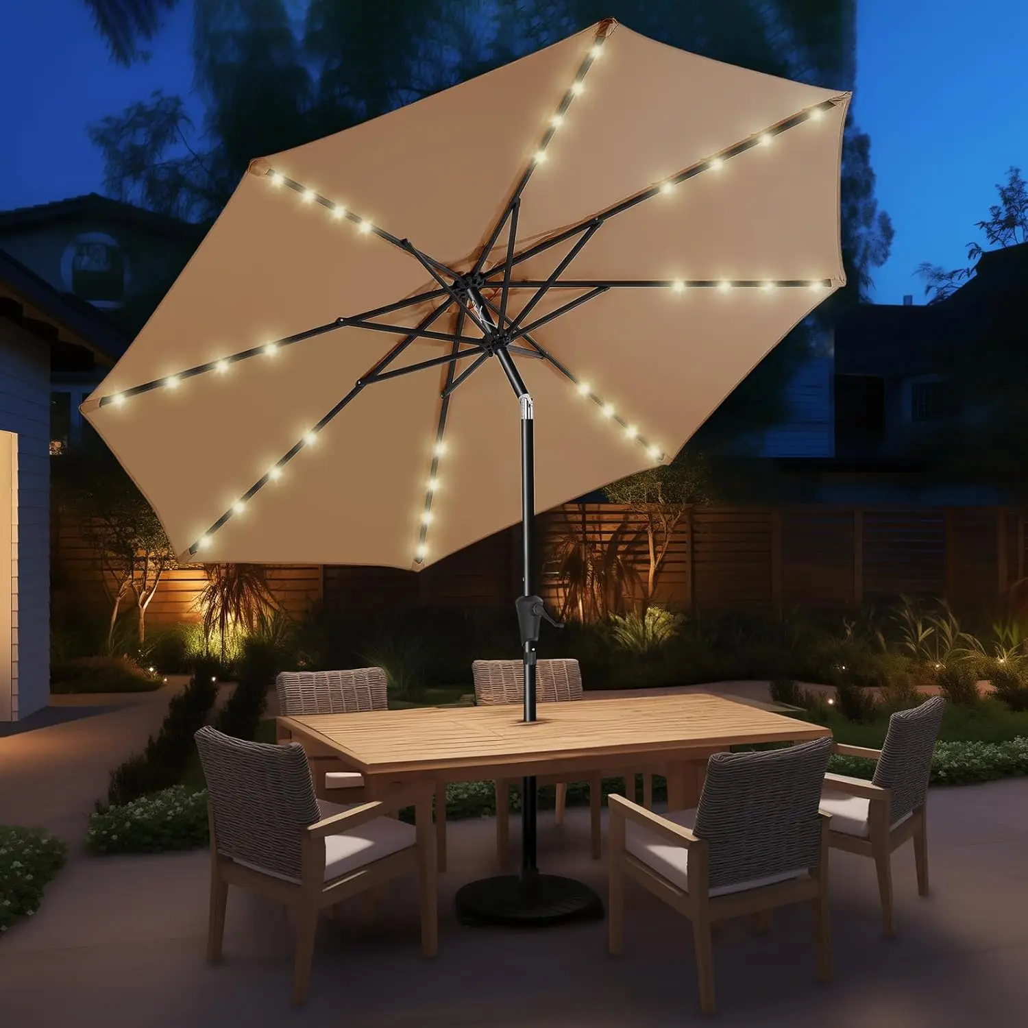 

9ft Solar Patio Umbrella - Solar Lights LED Lighted Outdoor Market Table Umbrella, UPF50+ UV Protection with Push Button Tilt