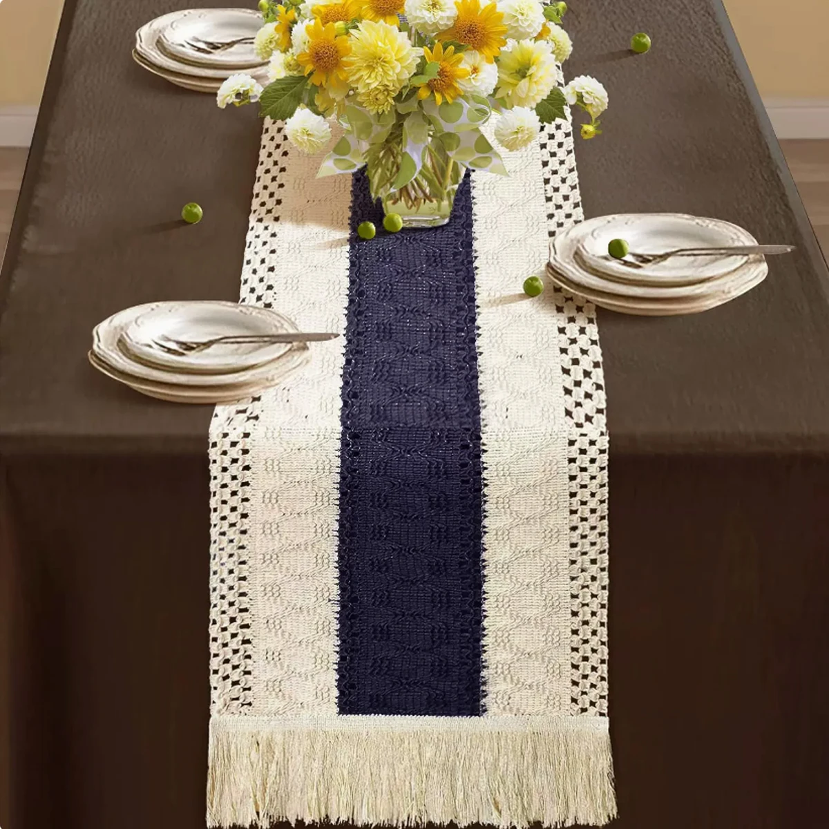 

Dining Home Decor dark blue table flag cotton and linen tablecloth handmade tassel tea table mat home long table decorative