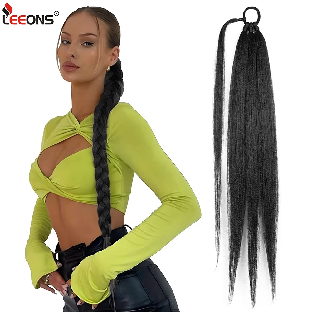 

26" Braided Ponytail Extension With Hair Tie Yaki Straight Wrap Around Hair Extension Ponytail Synthetic Hair Piece For Women