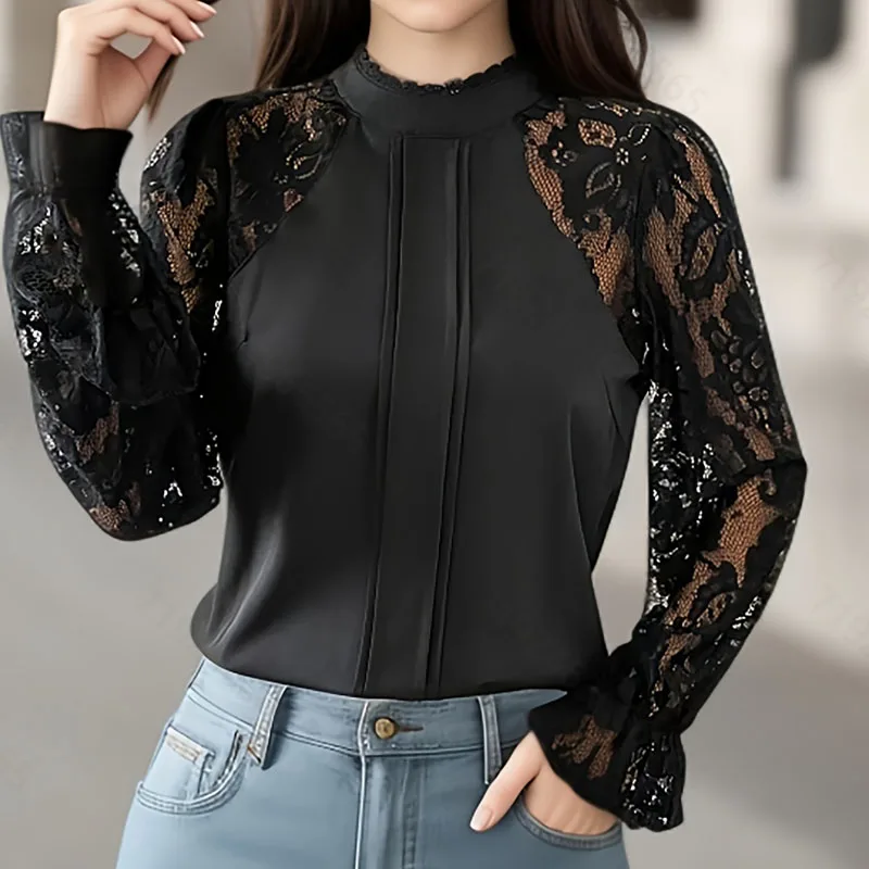

Fashion Black Long Sleeve Women Blouse Shirt Stand Collar Lace Spliced Blouse Shirt Women Tops 2025 Camisas De Mujer Blusas Q292