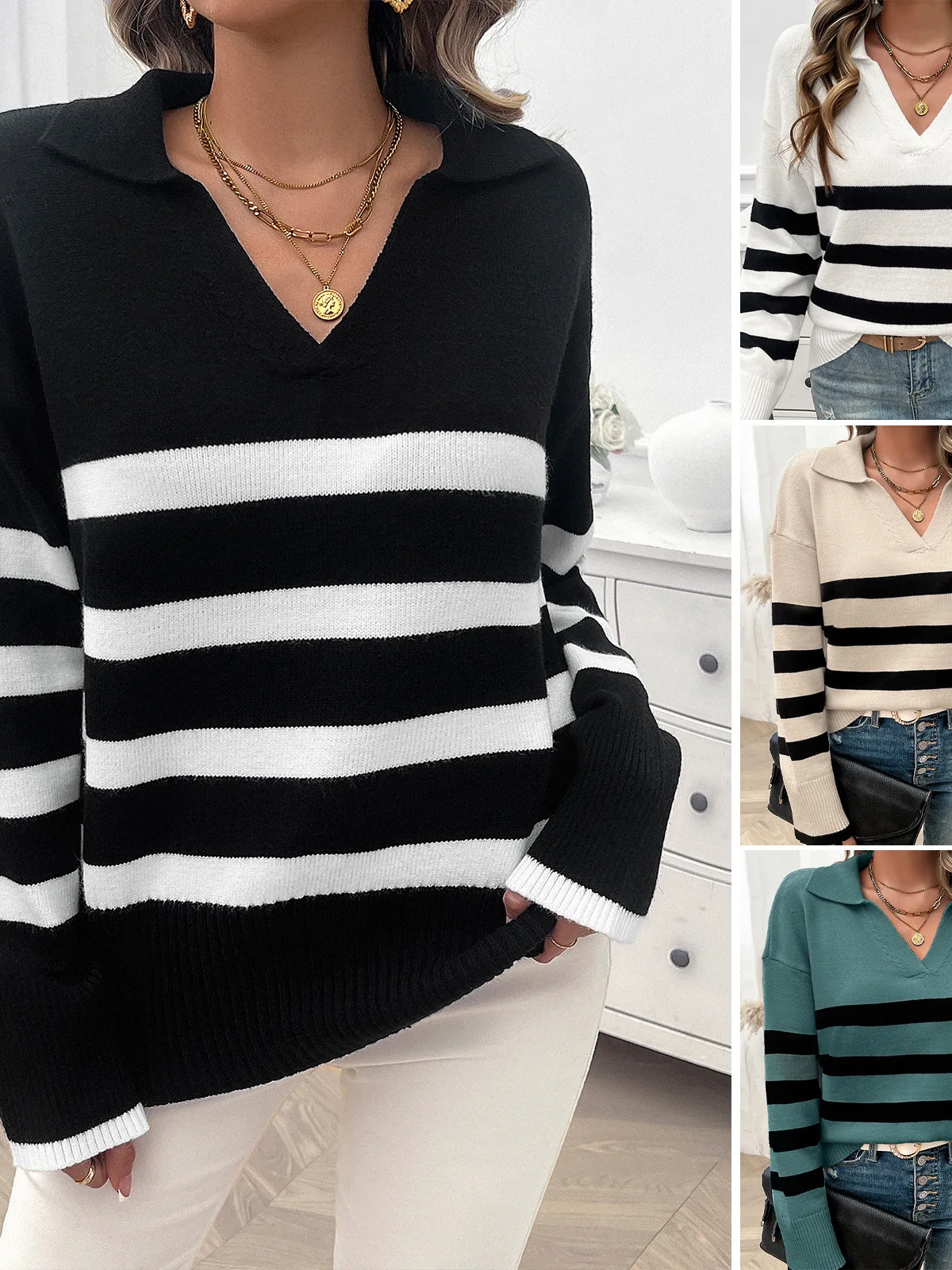 

Women's V-ne Long Sve Knitted Loose Comfortable Top Striped Faionable Autumn Wear Chinese Manufacturer