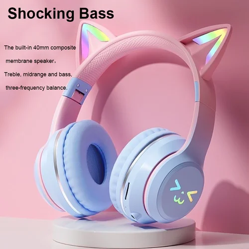 Imagen 2 del producto Auriculares Bluetooth con luz LED y flash, bonitos auriculares inalámbricos con orejas de gato y micrófono para niñas, estéreo, geniales auriculares RGB con Bluetooth 5.1