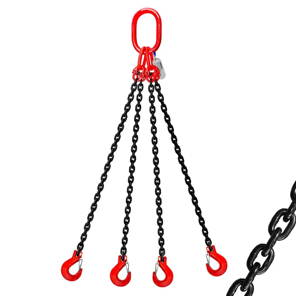 6 Ton Industrial Chain Sling 5/16 Inch x 5 Ft Capacity 13400LBS G80 Alloy Steel 4 Leg Lifting Chains Grab Hooks Long-term Use