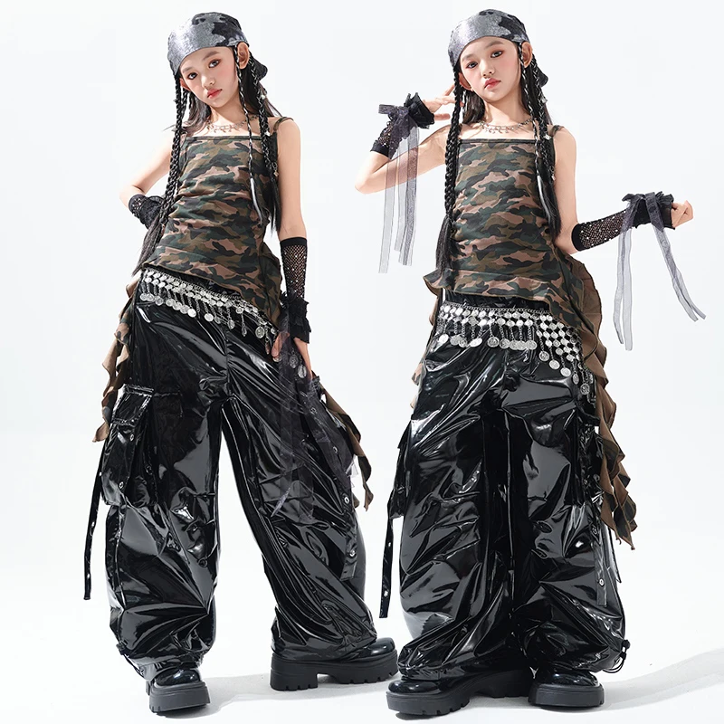 新しい女の子ジャズダンス衣装迷彩ベストレザーパンツ子供社交ダンス服子供ヒップホップ服 SL13552