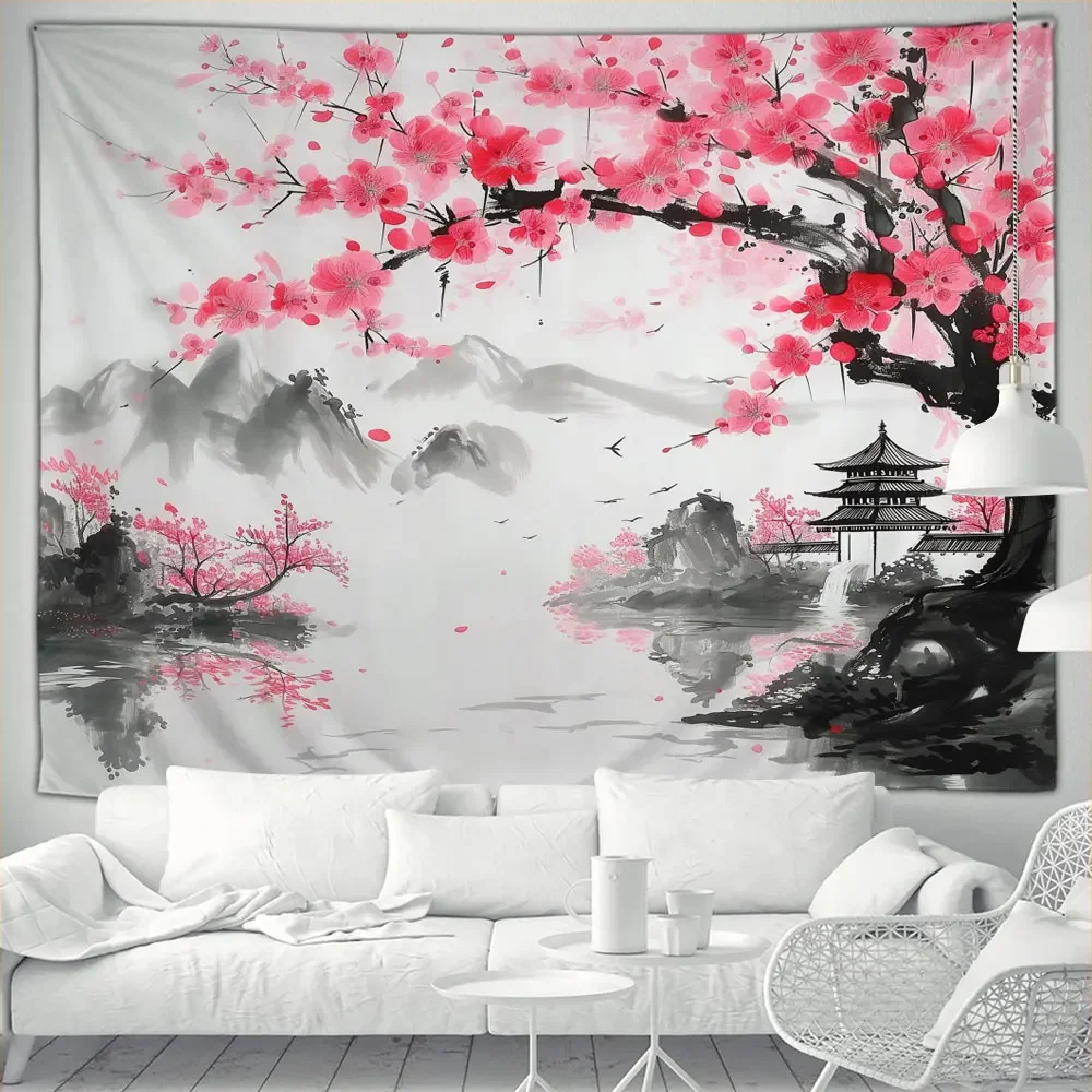 Japanese Cherry Blossom Landscape Painting Tapestry Chinese Ink Painting Retro Style Living Room Bedroom mural Garden Wall Decor