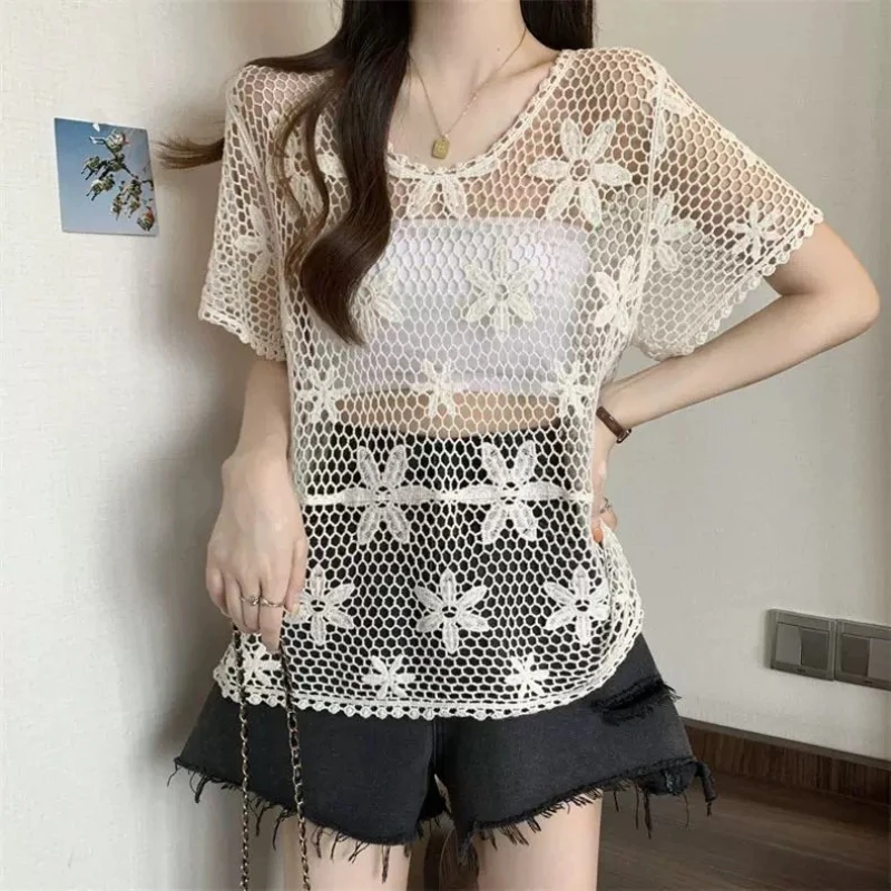 Semi Sheer Flower Crochet Top Short Sleeve Openwork Knit Lace Blouse Women Spring Summer Boho Chic Festival Outfit