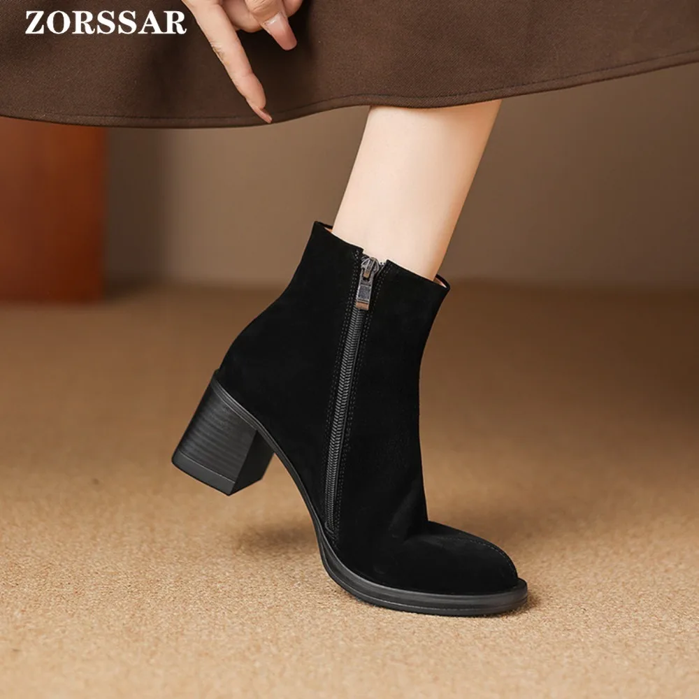 2025 جديد الخريف/الشتاء المرأة أحذية بوت قصيرة جلد طبيعي ساحة عالية الكعب أحذية الإناث الجلد المدبوغ موجزة النساء حذاء من الجلد