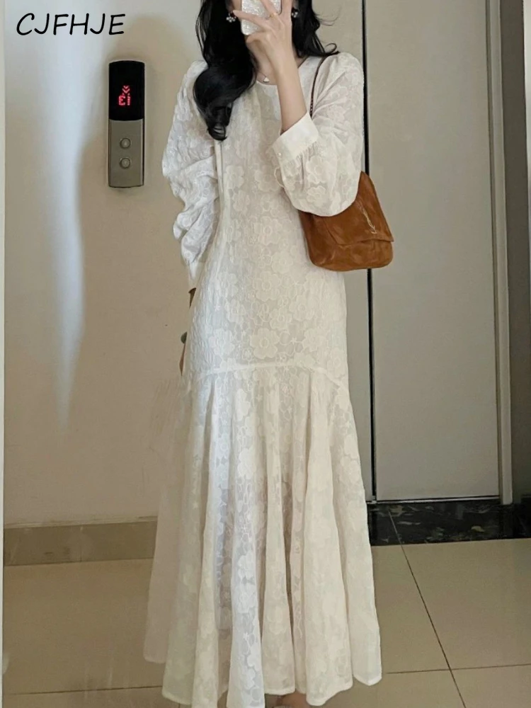 CJFHJE French Elegant White Midi Dress Women Winter Vintage O-Neck Chiffon Mermaid Dress Casual Chic Evening Party Y2k Dresses