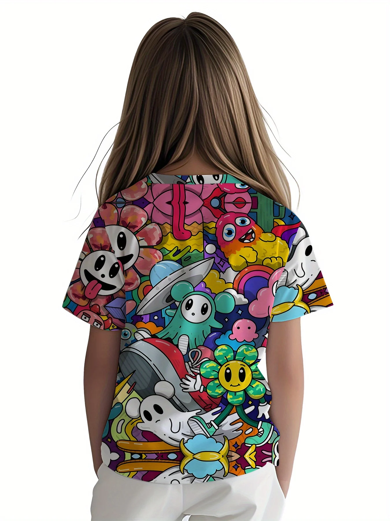 Kids Crew Neck T-Shirt, All Over Bright Doodle Cartoon Print, Fun Monster Alien Girls Fashion Short Sleeve Tee