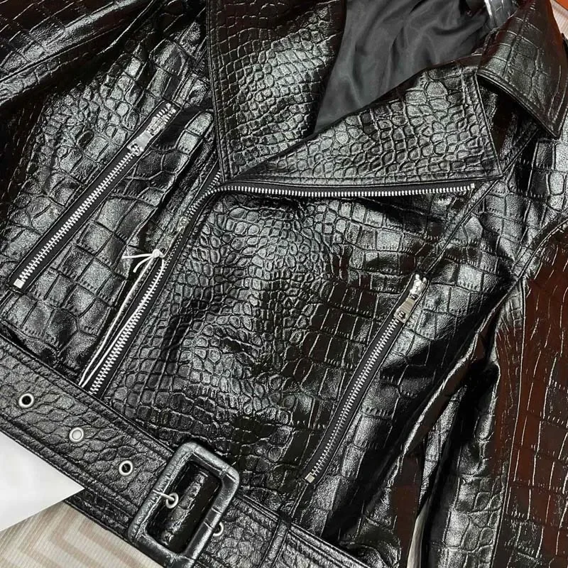 Women Coat Spring 2024 Genuine Leather Jacket The Lines Of Crocodile Skin Short Length Moto & Biker Grand Fashion