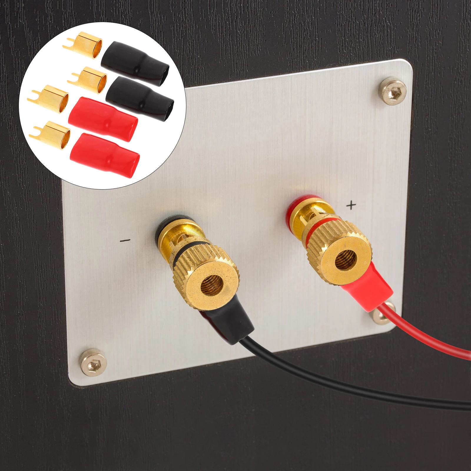 

3 Pairs Copper Gold Plated 0 Gauge Fork Terminal Crimp Connectors Speaker Wire Adapters - Red and Black Boots