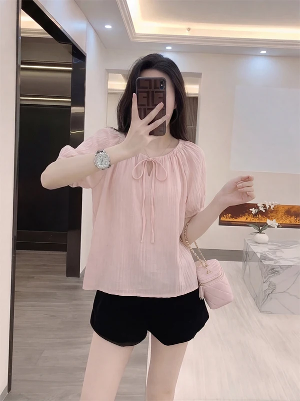 

Summer 2026 Women's Slimming Unique Bubble Sleeve round Neck Shirt Sweet Style Pink High-End Feelings Bow Tie Top Korean Style