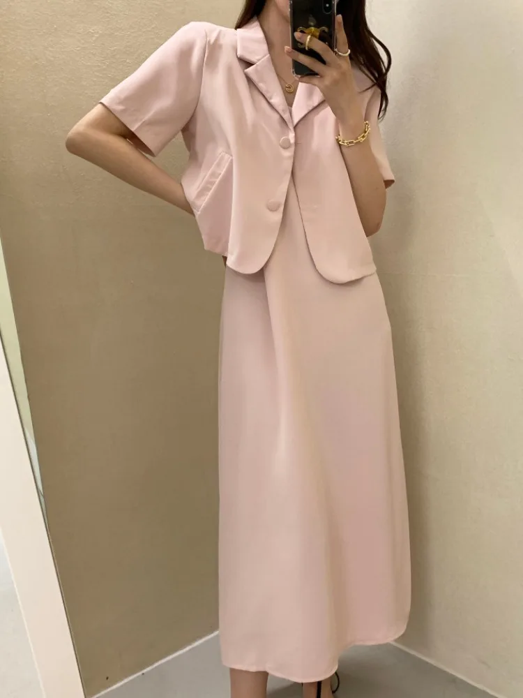 Chic Simple Short Sleeve Suit Jacket Dress Long Dress Two Piece Set New Spring Summer Elegant Women's Fashion Outerwear