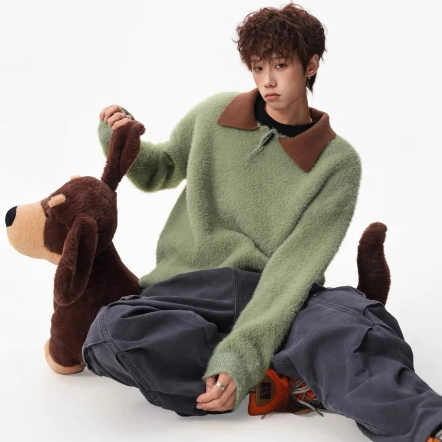 

American Sle Knitted Sweater Collar Loose Fit ex Winter Warm Casual Long Sve Faionable Contrast Color Camere