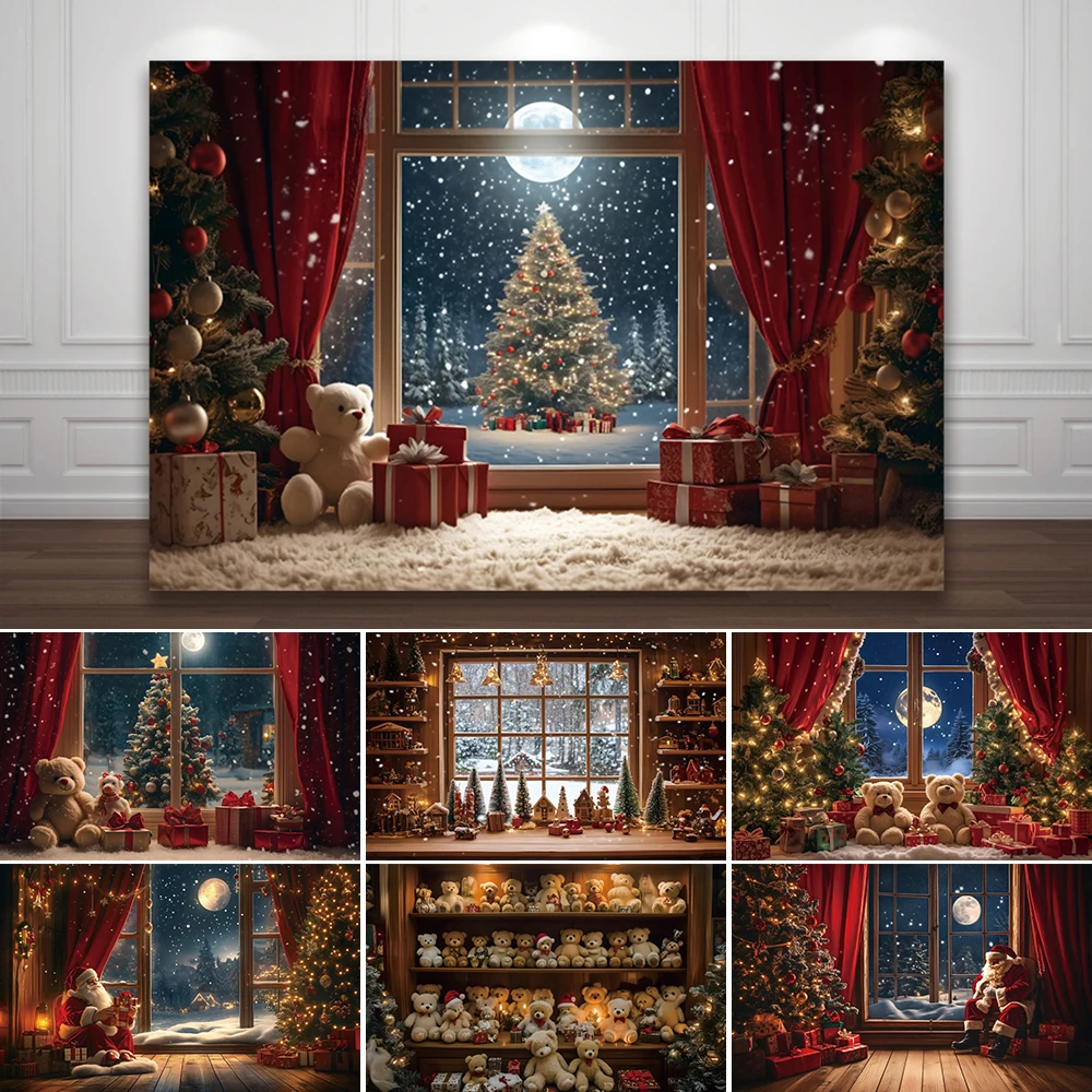 

Christmas Backdrop 2024 Winter Window Xmas Tree Snowy Night Teddy Bear Christmas Canvas Photography Background Photo Studio Prop