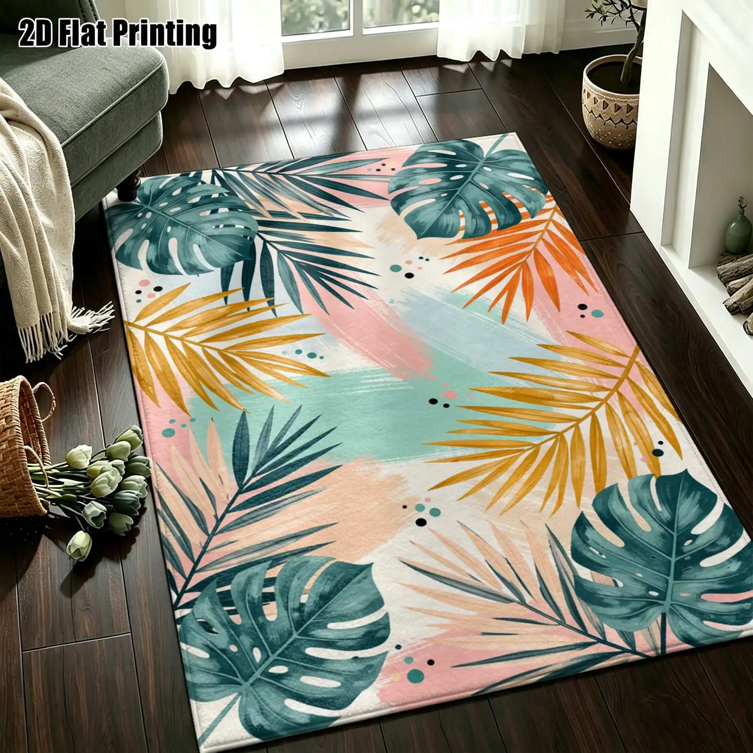 1Pc 2D Printed Carpet: Tropical Palm Turtle Shell Leaf Pattern, Nordic/Instagram-Inspired, Modern Minimalist, Machine Washable, Multi-Size, for Home Decor, Multi-Scene Use