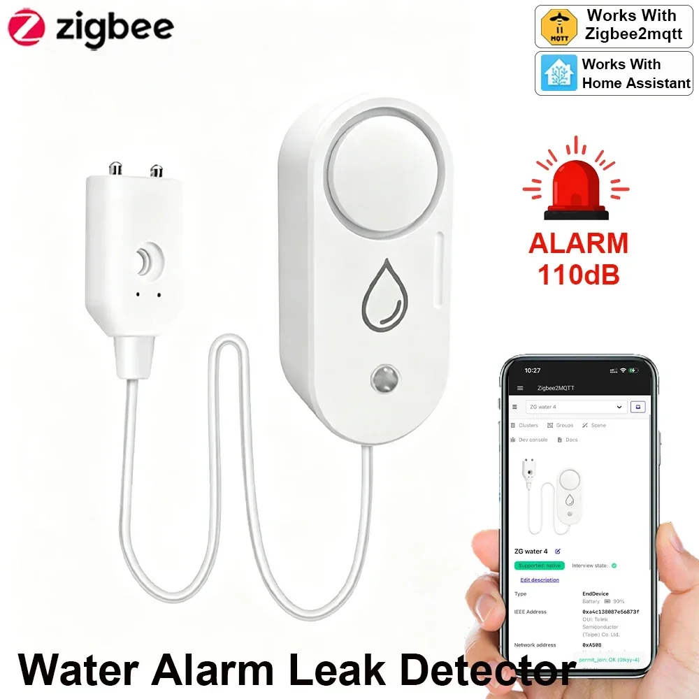 

Умный детектор утечки воды Zigbee с сиреной 110 дБ, сигнализация о затоплении, датчик протечки воды для кухни/ванной комнаты, поддержка Smart Life Z2M