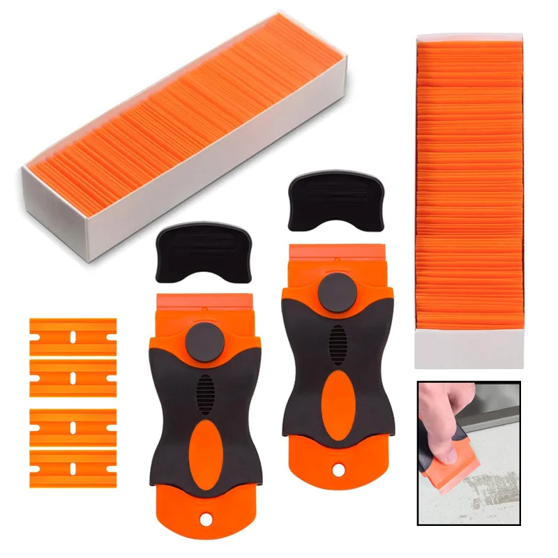 Plastic Scraper with 100/200 Plastic Blades Multipurpose Window Scraper Non-Scratch Scraper for Removing Stickers Decals Glue