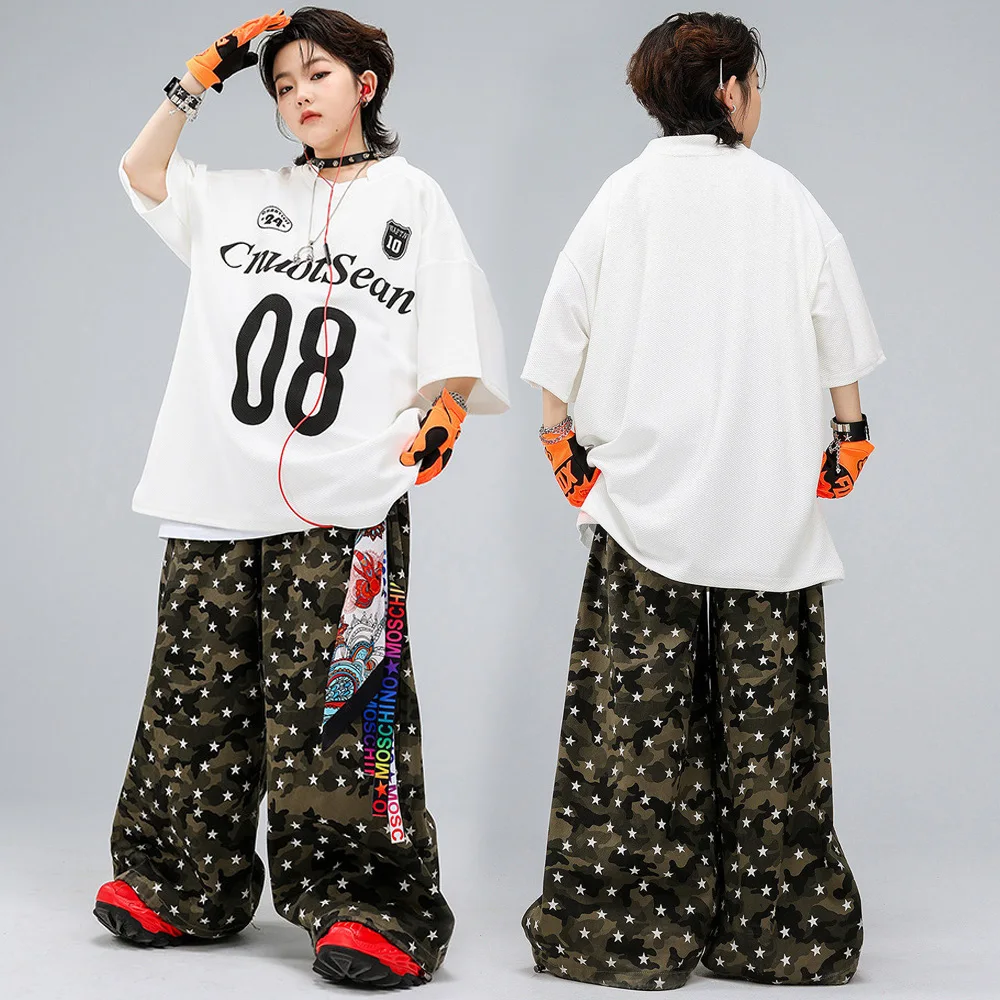 

Детская уличная одежда для мальчиков и девочек: комплекты из футболок с коротким рукавом и свободных брюк в стиле хип-хоп, сценические костюмы