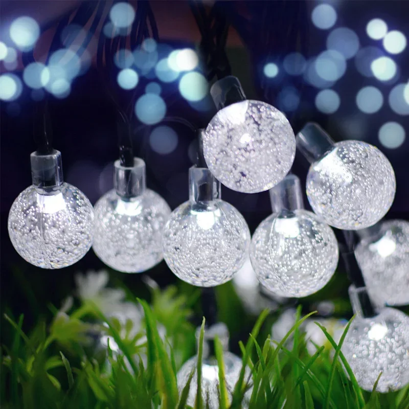 Solar 5/7/12m Outdoor LED Crystal Globe String Light Fairy Light for Garden Wedding Christmas Home Room 2025 Ramadan Decoration