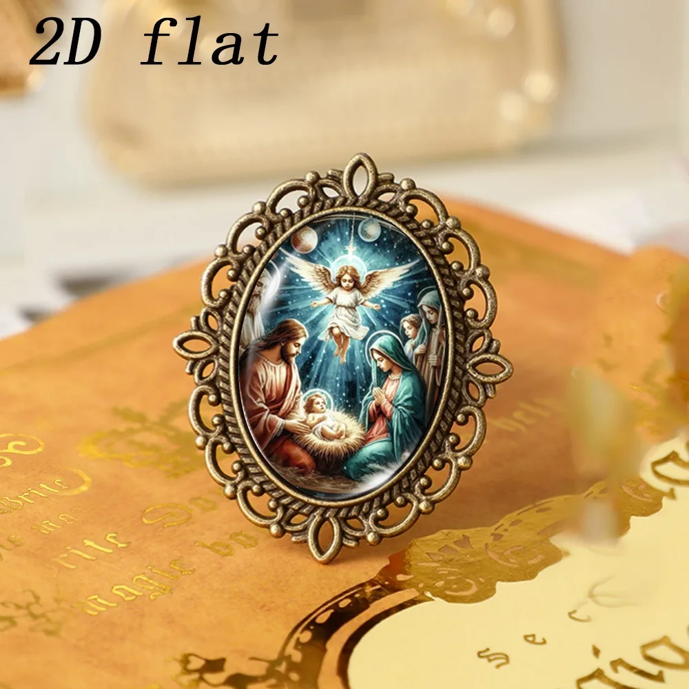 6-20Pcs Oval Nativity Scene Glass Brooch, Vintage Hollow Lace Zinc Alloy Lapel Pin, 2D Flat Angel Jesus Birth Badge Church Gift