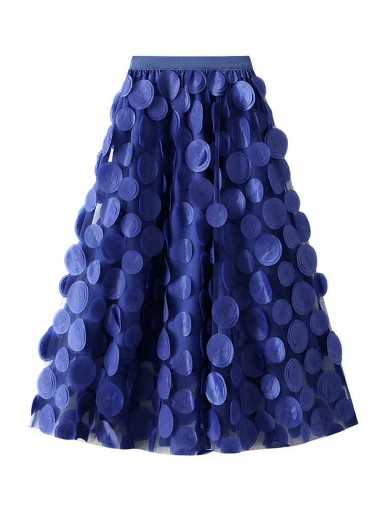 2024 New Y2K Vintage 3D Wave Dot Mesh Skirt Design Elastic Waist Solid Color Layers Fashion Party Clothing Female Elegant Skirts