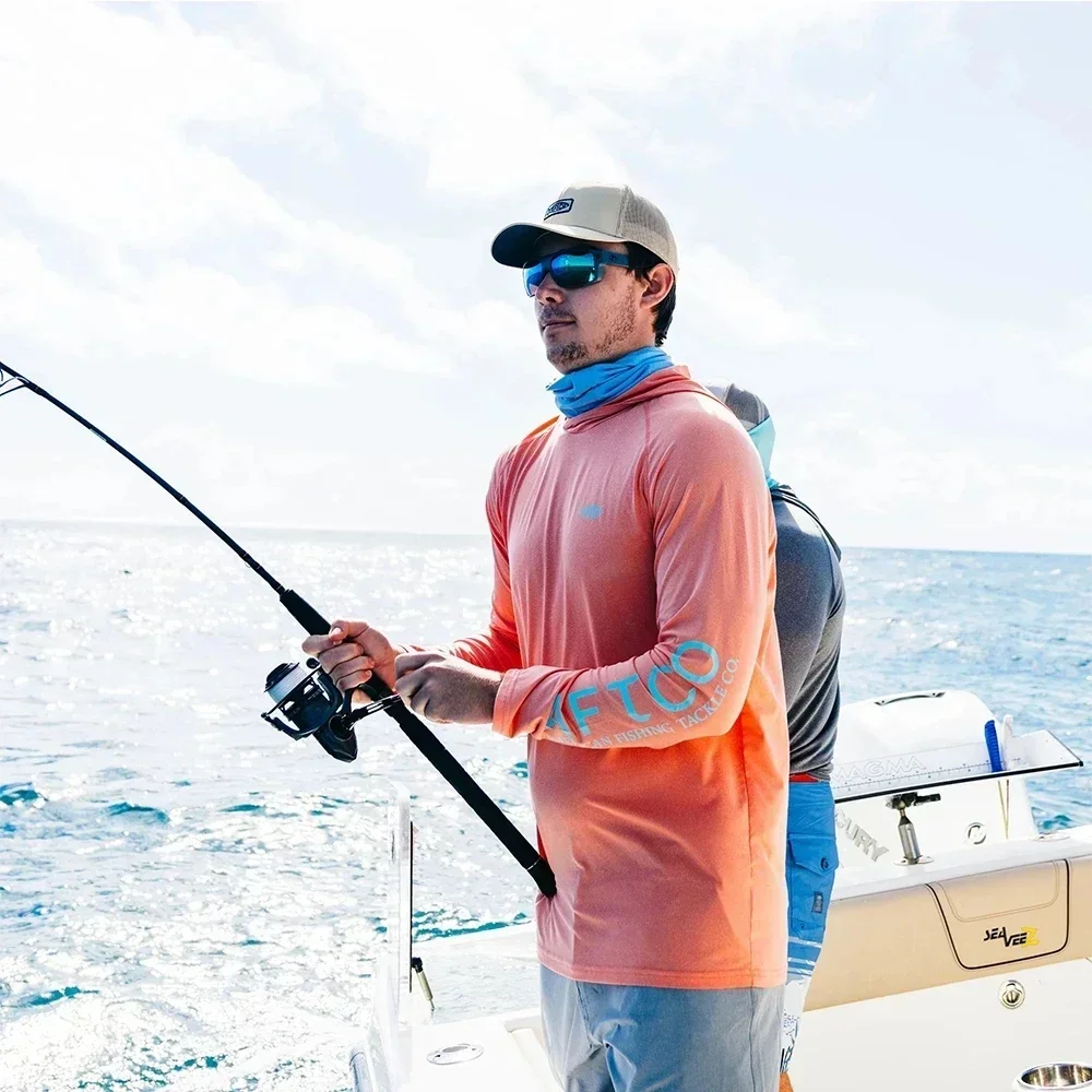 AFTCO-capuz anti-UV de manga comprida masculino, camisas de pesca, roupas ao ar livre, verão, upf 50 plus