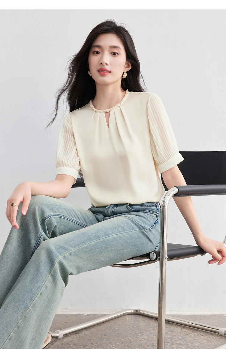 

SENTUBILA Woman Apricot Chiffon Blouse Bead Webbing Round Neck Pleated Tops Loose Fit Lantern Sleeve Shirt Office Lady Q52CA1998