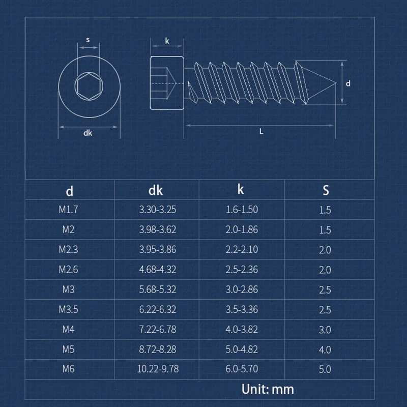 M1.7 M2 M2.3 M2.6 M3 M3.5 M4 M5 M6 Hexagon Socket Self Tapping Screw Bolt Black Carbon Steel Cup Head Self-Tapping Screws