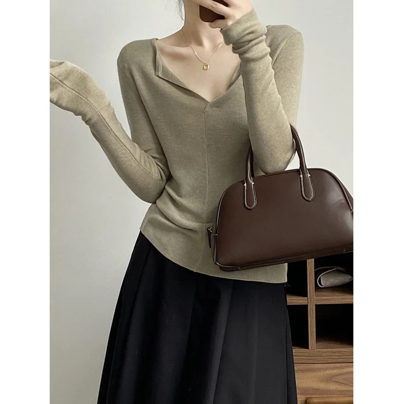 Autumn V-neck 6% Wool Knit Sweater Women Slim Fit Long Sleeve Solid Color Basic Tops