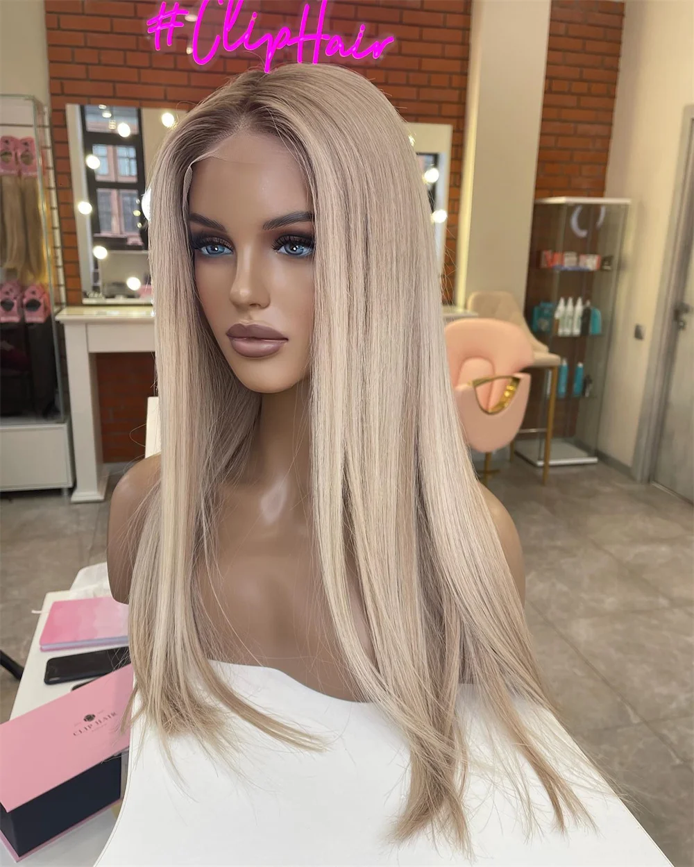 Long Ombre Ash Blonde Colored Synthetic Wig Smooth Straight 13x4 Frontal Lace Wig with Baby Hair Balayage Ash Roots for Women