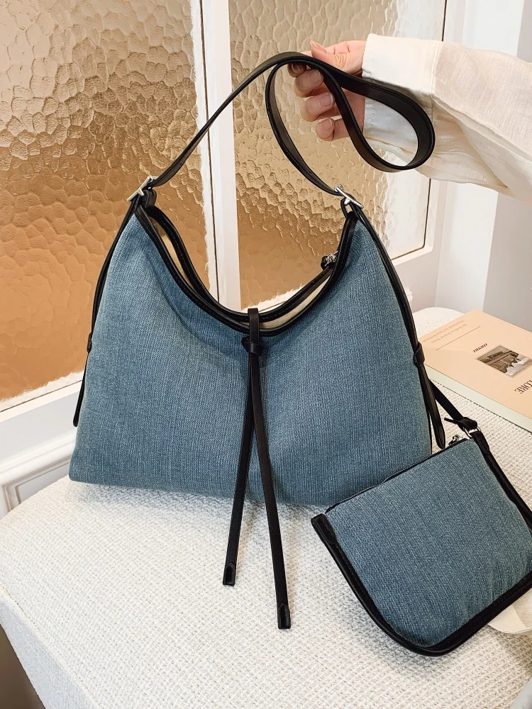 Denim Underarm Tote Bag Women's Large Capacity Vintage Retro Single Shoulder Bag Korean Style Trendy Commuter Bag Pure Color