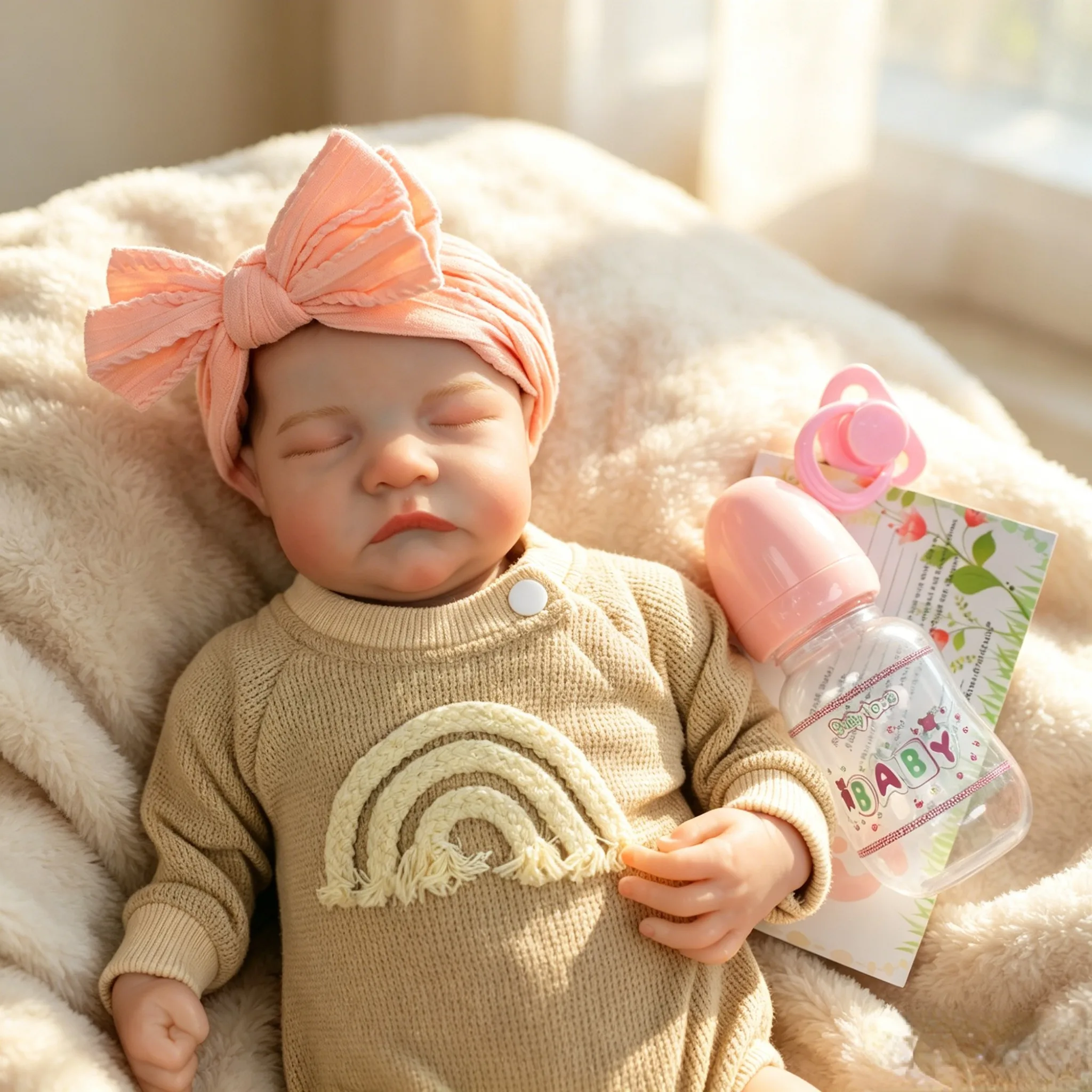 

18 Inch Reborn Baby Girl Doll, Vinyl Head & Cloth Body, Comes with Floral Headband, Lifelike Newborn Collectible Toy Gift
