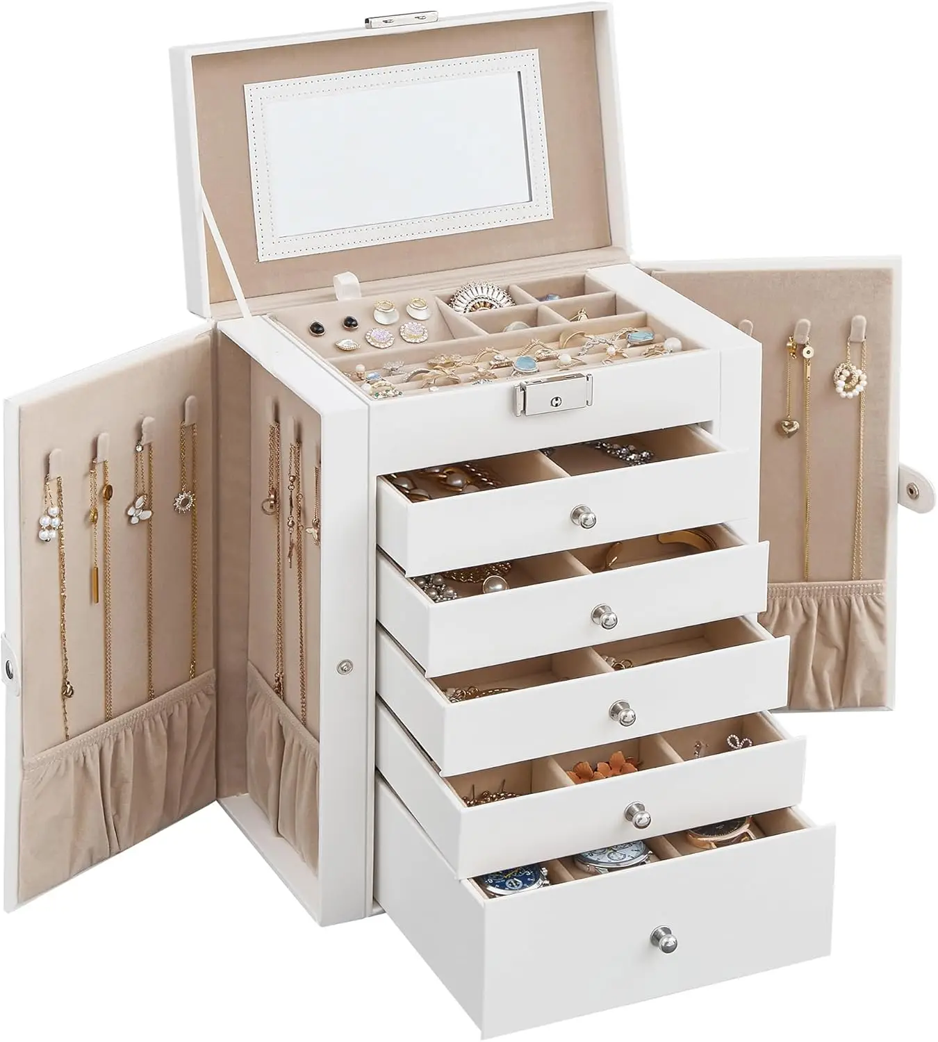 6-Tier Jewelry Organizer with 5 Drawers, Mirror & Lock - Large Capacity Storage for Necklaces, Watches, Gifts