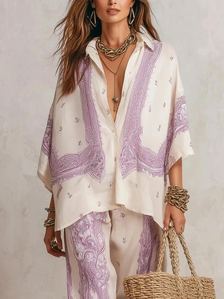 

Elegant Paisley Print 2 Piece Set Women Summer Lapel 3/4 Sleeve Shirt Top & Wide Leg Pants Casual Vacation Loose Trousers Suit