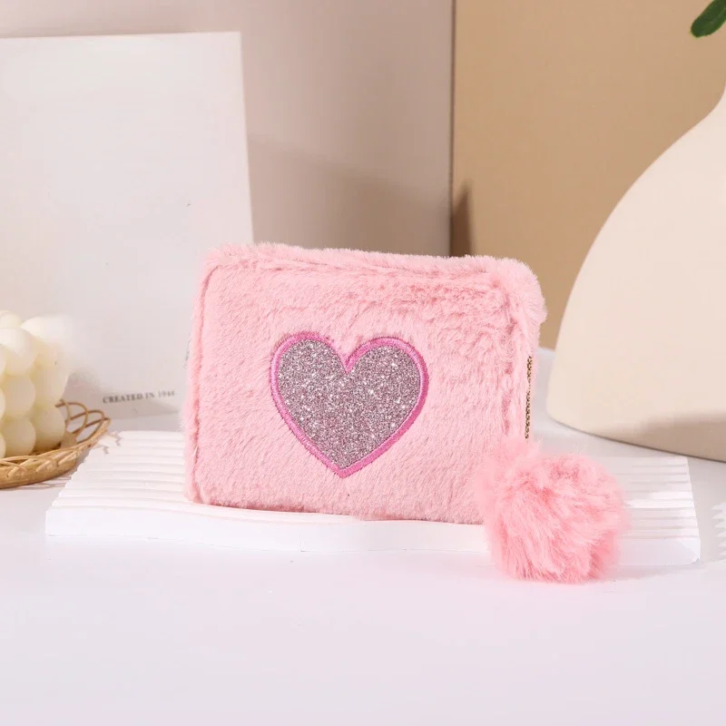 Women Plush Cute Clutch Coin Wallet Short Zipper Kawai Heart Zipper Coin Money Bags Purse Fashion Pouch Business Card Holder