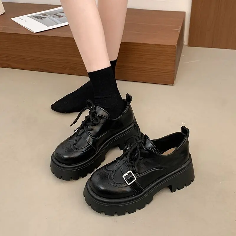 

2026 New Fashion Women's Platform Shoes Mid Heel Lace Up Brogue Loafers with Metal Buckle Strap
