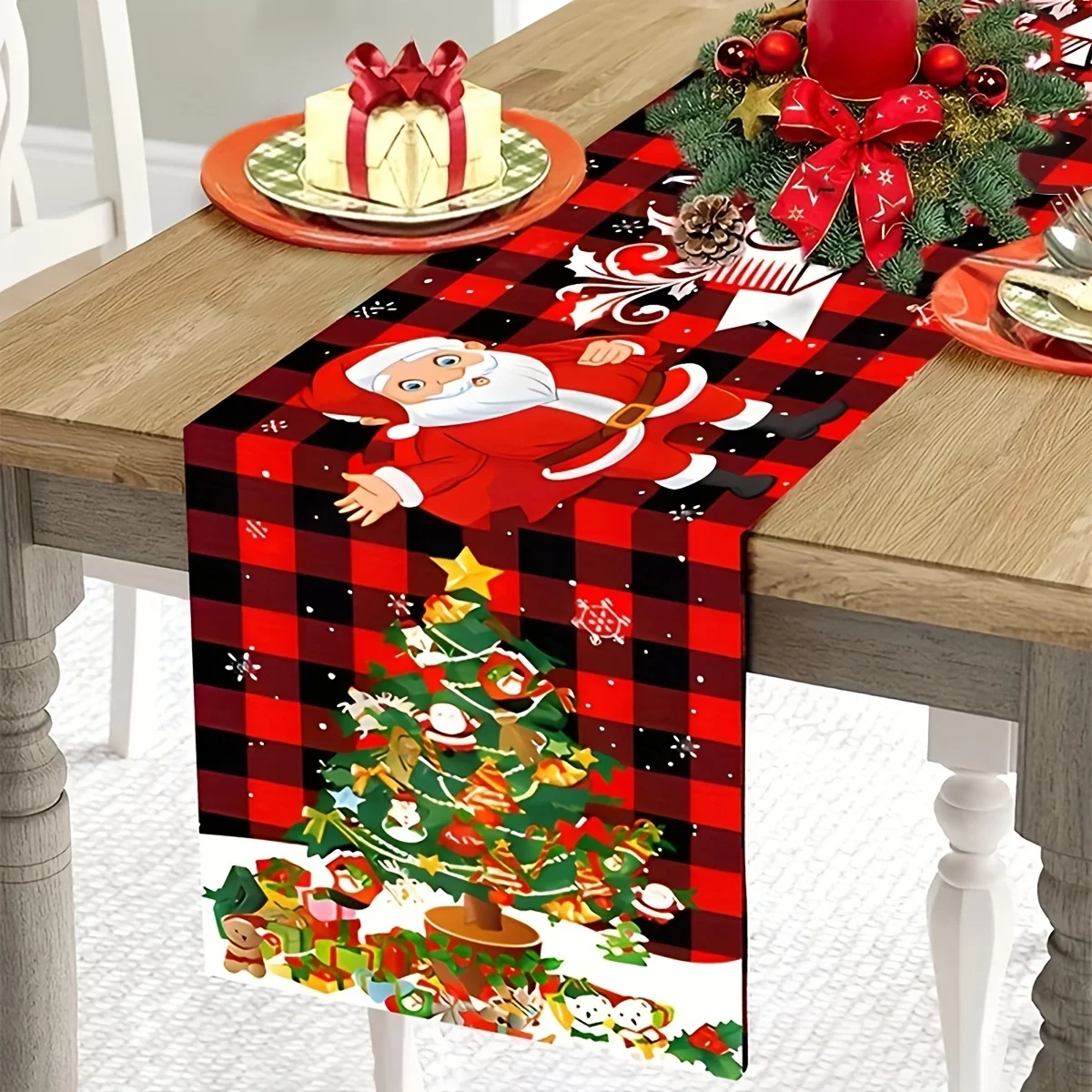 1pc Christmas Table Runner, Santa Claus Red Black Buffalo Check, Winter Holiday Home Decor for Xmas New Year Gatherings Set