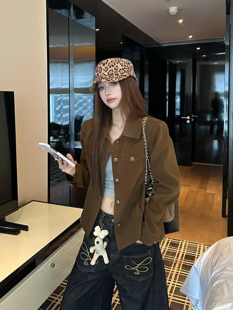 American Retro Coffee Color Women's ort Jaet Motorcycle Clothes Outerwear Workwear Sle Autumn Faion Versatile Top