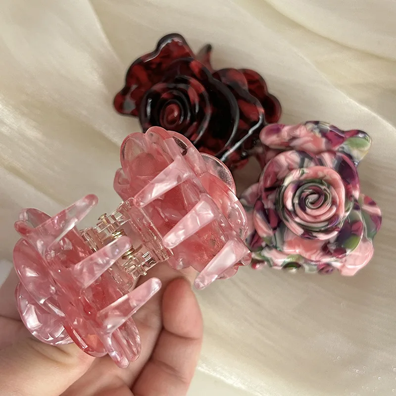 Muweordy French Vintage Rose Hair Claw Acetate Claw Clip Small Stereoscopic Flower Hair Clip for Girl Hair Accessories for Women