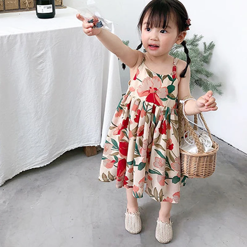2026 Summer Girls Floral Cami Princess Dress Simple Breathable Kids One Piece Dress New Arrival Toddler Daily Outfit