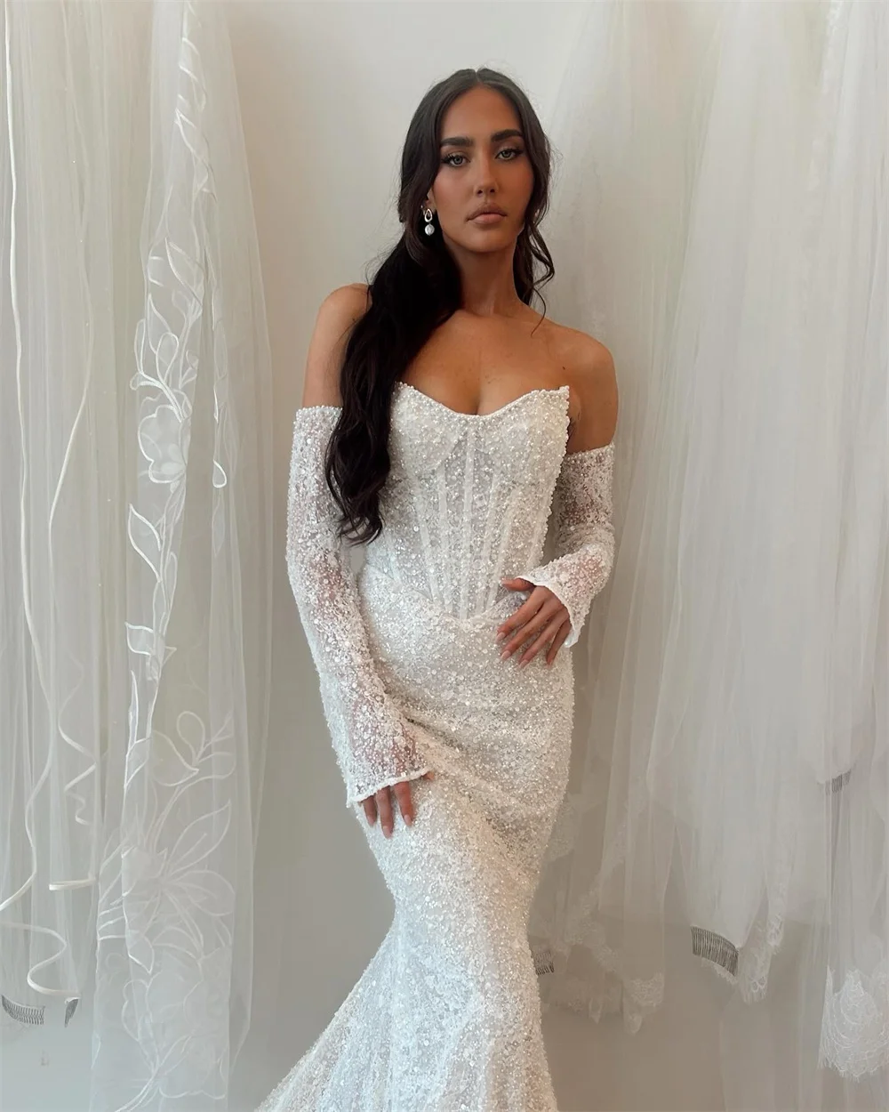 Tóquio personalizado branco sem alças vestidos de casamento mangas destacáveis chique tribunal trem vestido de casamento elegante sereia véu de noiva