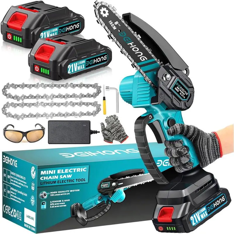 

21V Cordless Mini Chainsaw 6-Inch, Compact Handheld Electric Chain Saw with 2 Batteries Security Lock for Efficient Wood Cutting