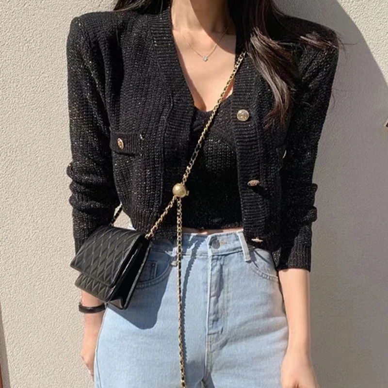 Knitted 2 Piece Sets Clothes V Neck Camisole Top + Cropped Black Cardigans Knit Jacket Korean Women Sweaters 2024 Slim