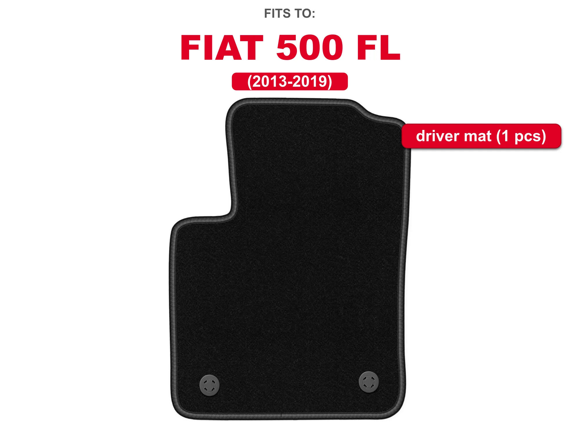 Zwarte velours bestuurdersvloermat voor: Fiat 500 FL 2013–2019 hatchback, auto-voetruimtemat, 1 stuk, bestuurderszijde, op maat gemaakt