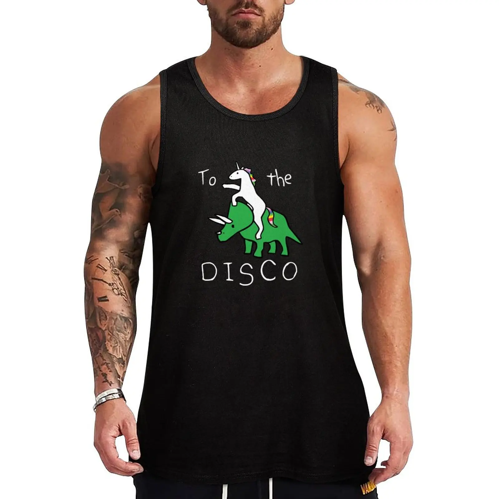 To The Disco (white text) Unicorn Riding Triceratops Tank Top gym clothes men Men's gym