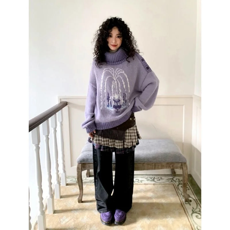 Suéter con patrón de fuente púrpura para mujer, moda coreana, Jersey de punto empalmado con botones, ropa informal Y2k, novedad de Otoño Invierno 2025